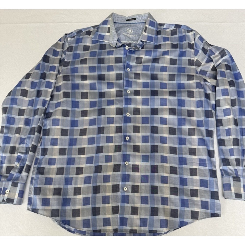 Bugatchi Uomo Mens Classic Fit Blue Grey Check Button Down Cotton Shirt XL